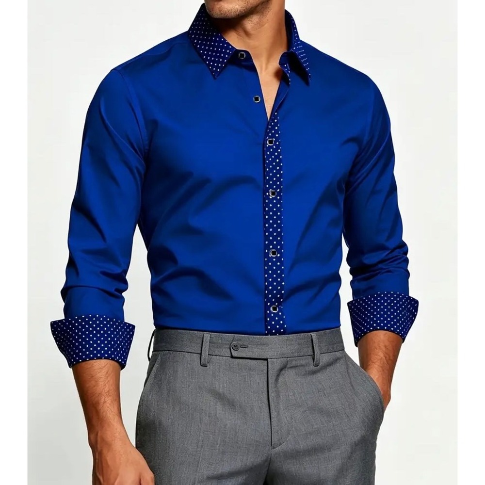 Mens Royal Blue Polka Dot Trim Button Down Shirt Long Sleeve Slim Fit Modern